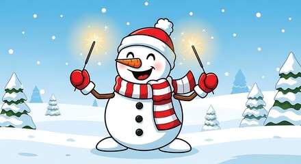 Happy Snowman Celebrating Winter with Sparklers in a Snowy Landscape.