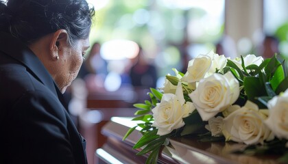 Woman, rose and coffin at funeral for farewell service, mourning death and goodbye at burial ceremony. 