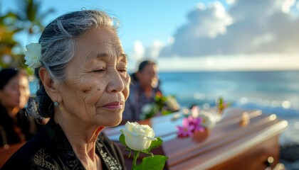 Woman, rose and coffin at funeral for farewell service, mourning death and goodbye at burial ceremony. 