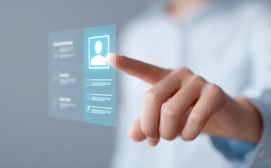 Focused businessman uses futuristic interface for HR management and workforce planning. data driven approach to hr helps in selecting best candidate