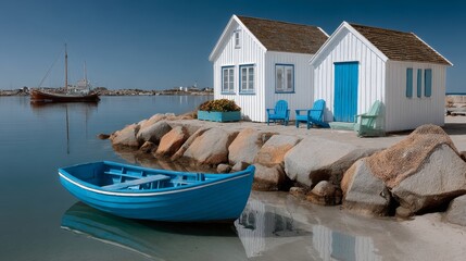 Vibrant blue boat resting on calm water near charming coastal cottages with white exteriors and blue accents, surrounded by rocky shoreline and serene harbor, capturing tranquil seaside atmosphere