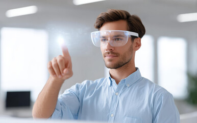 Focused businessman uses futuristic interface for hr management. data driven approach for workforce planning helps with strategic decisions and company growth