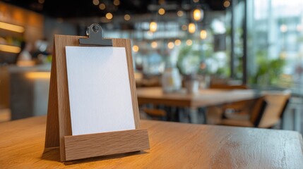 A High Resolution image of blank menu on a wooden stand in a cafe with blurred background.