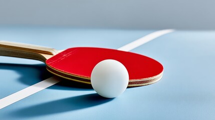 Red table tennis paddle resting on a blue surface next to a white ping pong ball, showcasing the sport's equipment and vibrant colors, ideal for sports enthusiasts and promotional materials