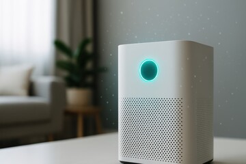 A Modern Air Purifier with LED Indicator in a Stylish Living Room Setting, Providing Clean Air Solutions for Enhanced Indoor Environment and Health