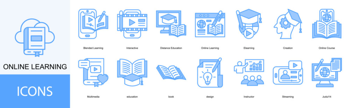 Online Learning icon collection set. Containing Elearning, Creation, Online Course, Multimedia, education icon.