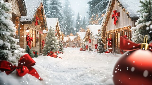a charming Christmas village covered in snow, elegant festive houses and small boutiques decorated with giant red bows, shiny red ornaments, pine trees covered in snow, warm golden lights glowing 