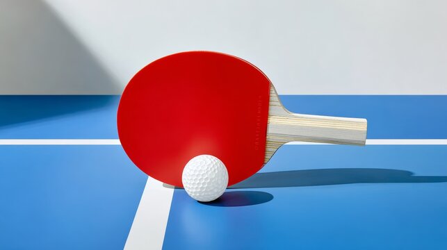 Red ping pong paddle resting on blue table with a white ball nearby, showcasing the equipment used in table tennis, emphasizing the sport's dynamic and engaging nature for enthusiasts