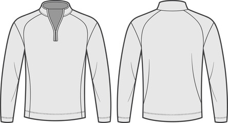 Men’s quarter zip pullover technical flat sketch, long sleeve shirt template, vector fashion illustration, apparel design outline, stand collar front back view © MstLavli