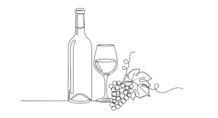 One Continuous Line Drawing of Wine Bottle, Glass and Grapes for Minimalist Art