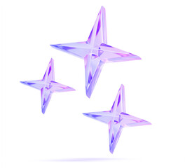 Plakat 3d holographic glass star cluster icon render. Abstract space object, galaxy design element with purple blue gradient. Crystal geometric translucent shapes, shining diamond sparkles. 3D illustration