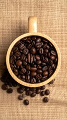 Roasted Coffee Beans in Wooden Bowl on Burlap Background.