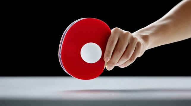Hand holding a red ping pong paddle with a white dot, poised above a smooth table surface, showcasing the sport's dynamic nature and the anticipation of an upcoming table tennis match - Powered by Adobe