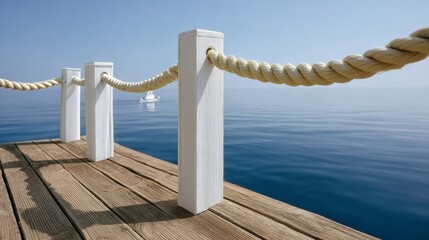 Wooden dock with white posts and rope railing extending over calm blue waters, creating a serene atmosphere, ideal for relaxation and leisure activities by the seaside or waterfront