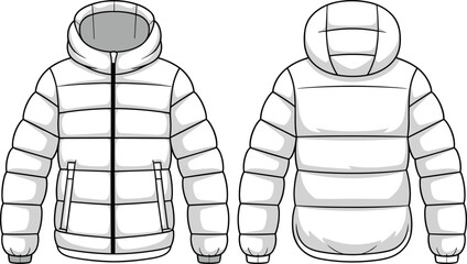 Puffer jacket technical fashion sketch, front and back view, quilted design, zipper closure, ribbed cuffs, hooded outerwear, garment illustration template