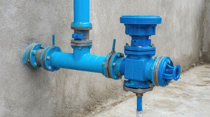 Blue industrial water valve and pipe system mounted on wall