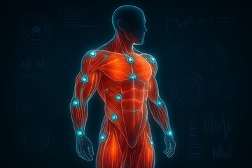 Muscle anatomy visualization with glowing fiber scan and digital motion sensors.