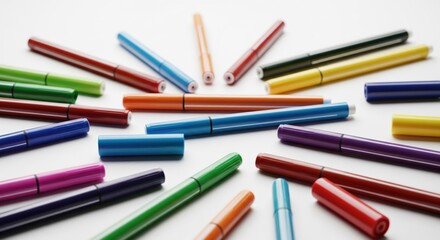 Fototapeta premium Colorful markers arranged in a radiating pattern on a white surface