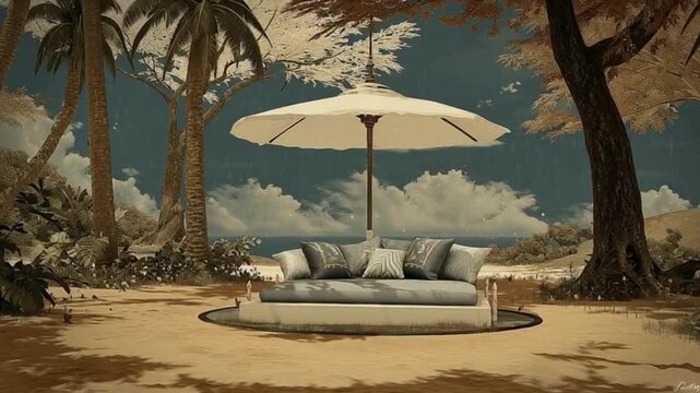 A serene outdoor scene presents a luxurious daybed with a large umbrella, inviting relaxation amidst the natural beauty of a tropical paradise.
