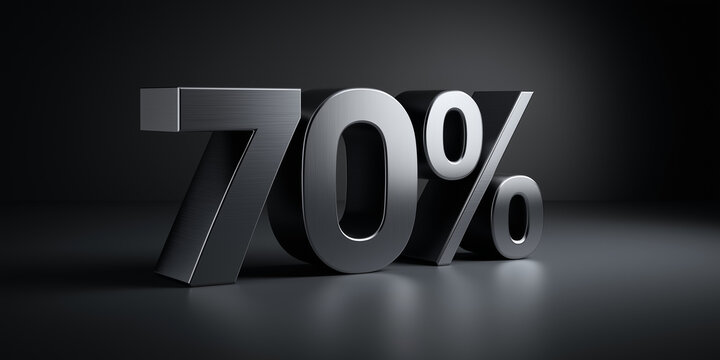 Large metallic 70% symbol stands prominently against matte black surface, creating striking contrast. sleek, modern design emphasizes significance of percentage, conveying sense of importance