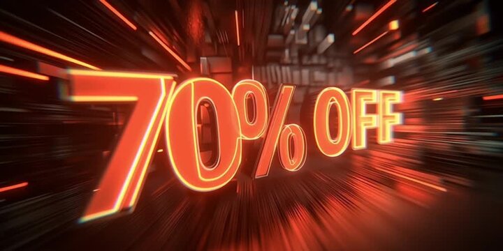 Glowing 70% Off Sign with Dynamic Motion Effect Creating Urgency and Excitement for Sale or Discount Event with Glowing Light Effects and Dynamic Motion for Sense of Urgency and Excitement