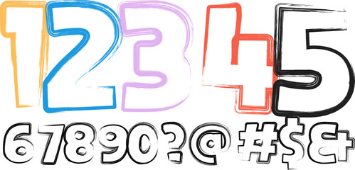 Hand drawn style numbers and symbols in different colors design