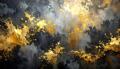 Abstract artwork featuring gold splatter on gray and black mottled background, creating a dynamic, textured effect