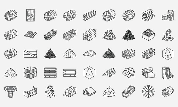 Isometric line icon set of wood industry materials including logs, lumber, timber planks, and firewood piles for forestry and construction