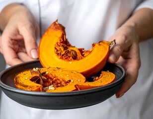 Roasted Pumpkin Slices Displayed on a Plate by a Chef.