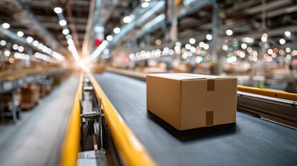 A High Resolution image of cardboard box moving on a conveyor belt in a warehouse.