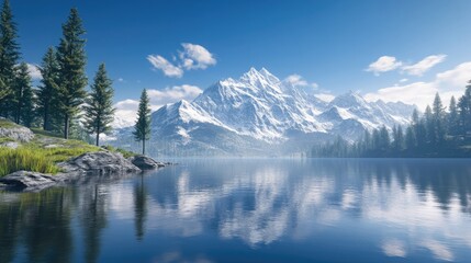 Serene mountain lake reflecting snowcapped peaks under a blue sky