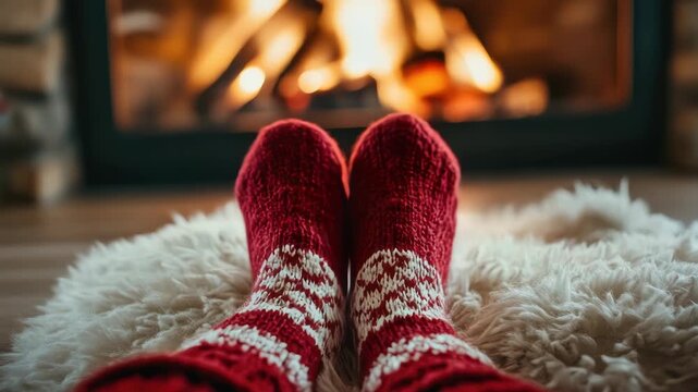 Сlose-up of baby feet in knitted christmas socks with fireplace background warm festive scene cozy holiday mood family love tenderness winter atmosphere