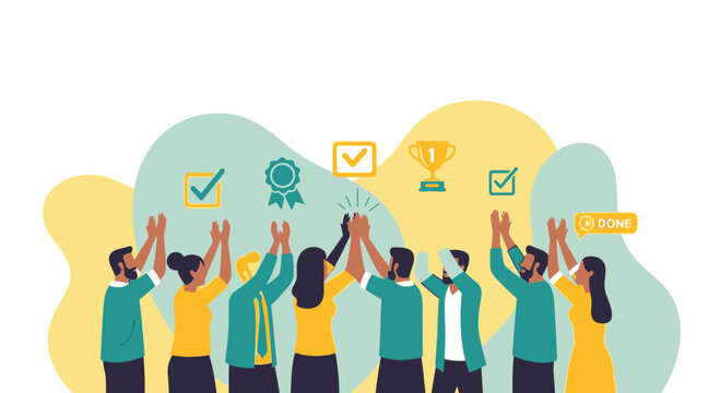 People Celebrating Success With Checks, Trophies, and Completion Icons in Color.