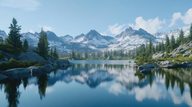 Serene mountain lake reflecting snowcapped peaks under a clear blue sky - Powered by Adobe