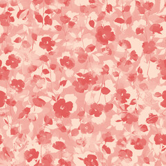 A soft, painterly floral pattern featuring delicate red blossoms scattered across a creamy, textured background, evoking a vintage or romantic aesthetic.