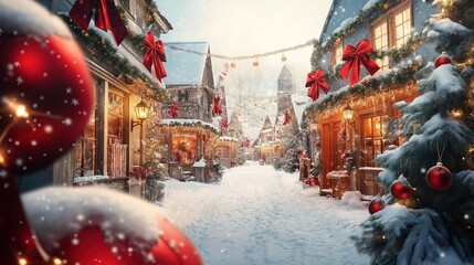 a charming Christmas village covered in snow, elegant festive houses and small boutiques decorated with giant red bows, shiny red ornaments, pine trees covered in snow, warm golden lights glowing 