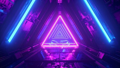 Fototapeta premium A futuristic corridor features neon pink triangle and blue bar lights against a dark, metallic, geometric background