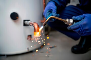 Plumber soldering copper pipe on water heater with blowtorch.