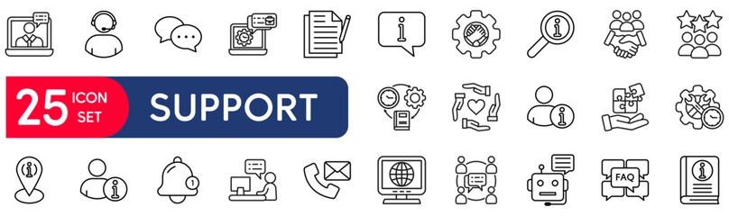 Customer Service and Support set of web icons in line style. vector illustration concept relate to contact, information, line, phone, outline, business, tech, headset, question, info, person