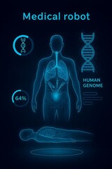  Medical robot performing holographic surgery on virtual human body