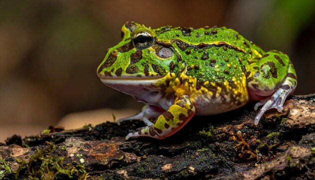 A green & yellow horned frog sits on a mossy log, eye visible, against a blurred forest backdrop