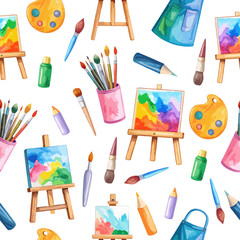Seamless colorful art supplies pattern with easels, canvases, brushes, palettes, pencils, and aprons. Ideal for creative design, packaging, education, and studio-themed projects.