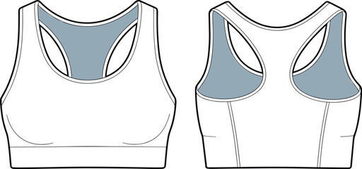CAD drawing flat vector illustration of sports bra front and back view, racerback Y shape, scoop neckline, mesh fabric detail