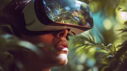 Close up portrait of a person wearing VR headset exploring a virtual rainforest, exotic plants and animals reflected in lenses, soft blurred