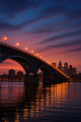 Naklejka premium Steel arch bridge over river at sunset twilight with city skyline in the background 