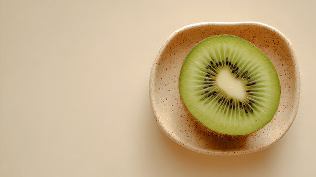 A fresh green kiwi slice in a beige speckled ceramic bowl. 