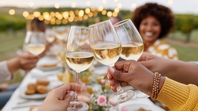 Diverse friends toasting with white wine at outdoor dinner party - Powered by Adobe