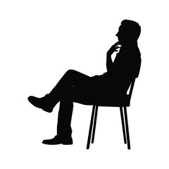 Silhouette of a thoughtful man sitting on a chair, cross-legged, with his hand resting on his chin. Represents contemplation, analysis, ideas, planning, and problem-solving.