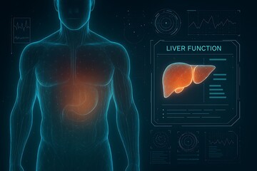  Liver function scan with futuristic data projection and human body overlay.