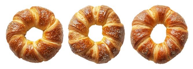Flaky, golden-brown ring-shaped Bagel sprinkled with sesame and poppy seeds, isolated on white transparent background.